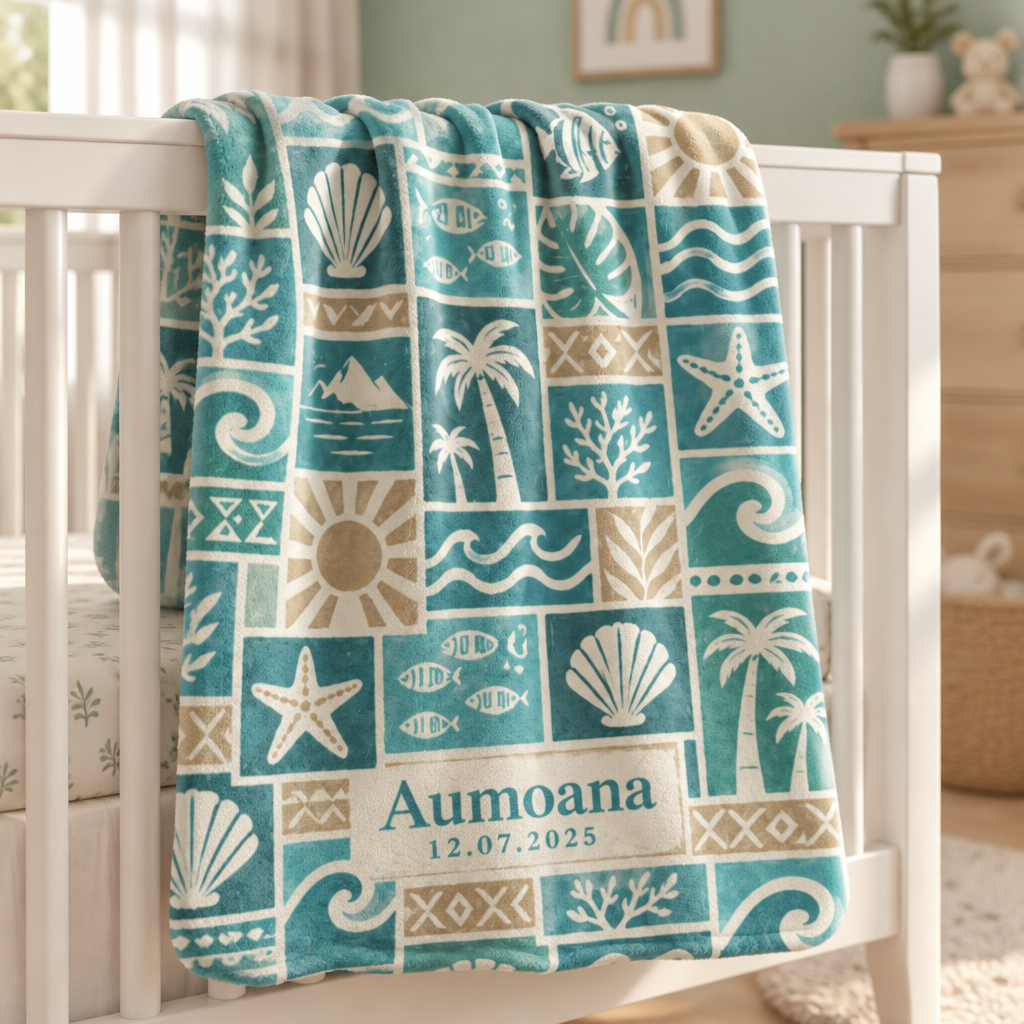 Aumoana personalized baby blanket with Pacific-inspired design