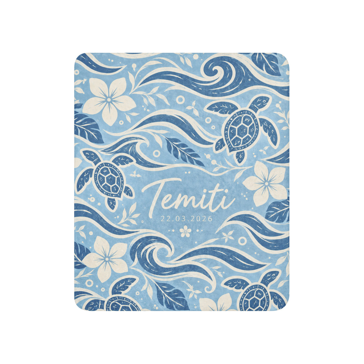 Te Miti personalized baby blanket – Blue, sea turtles, waves and plumeria design