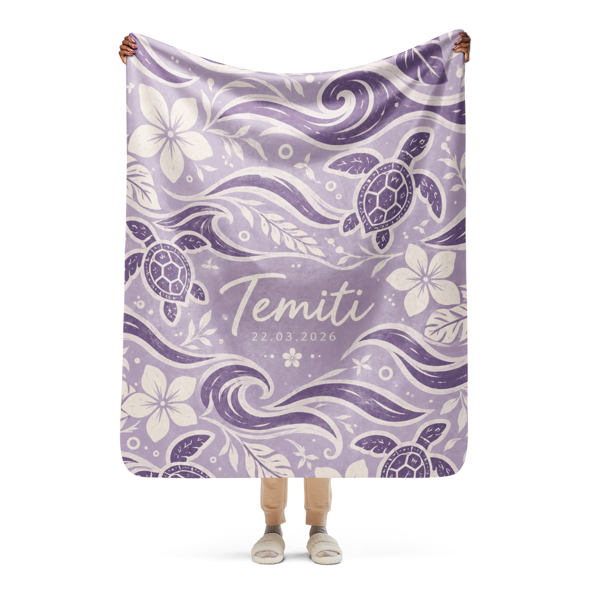 Te Miti personalized baby blanket – Lavender, sea turtles, waves and plumeria design