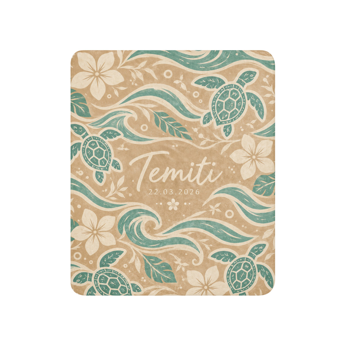 Te Miti personalized baby blanket – Sand & Sage, sea turtles, waves and plumeria design