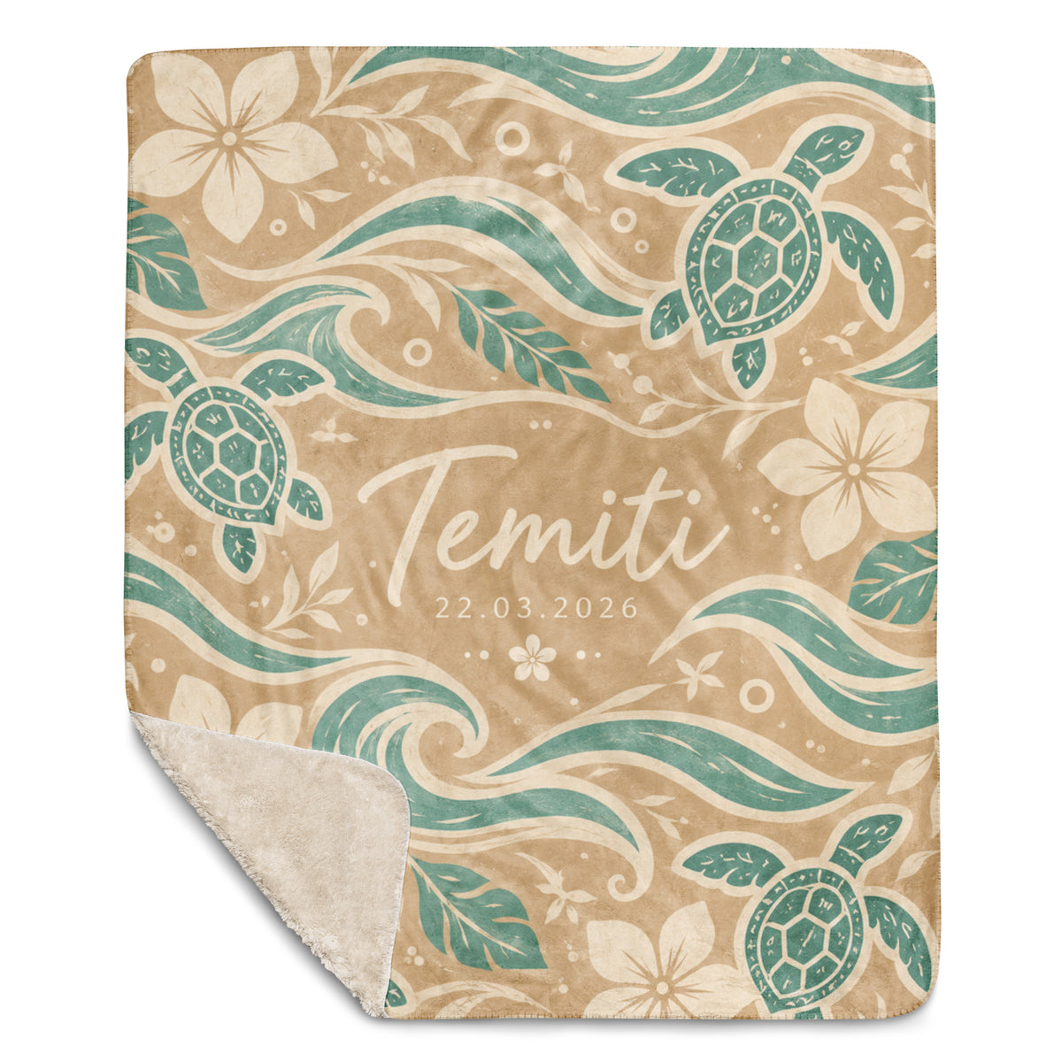 Te Miti personalized baby blanket – Sand & Sage, sea turtles, waves and plumeria design