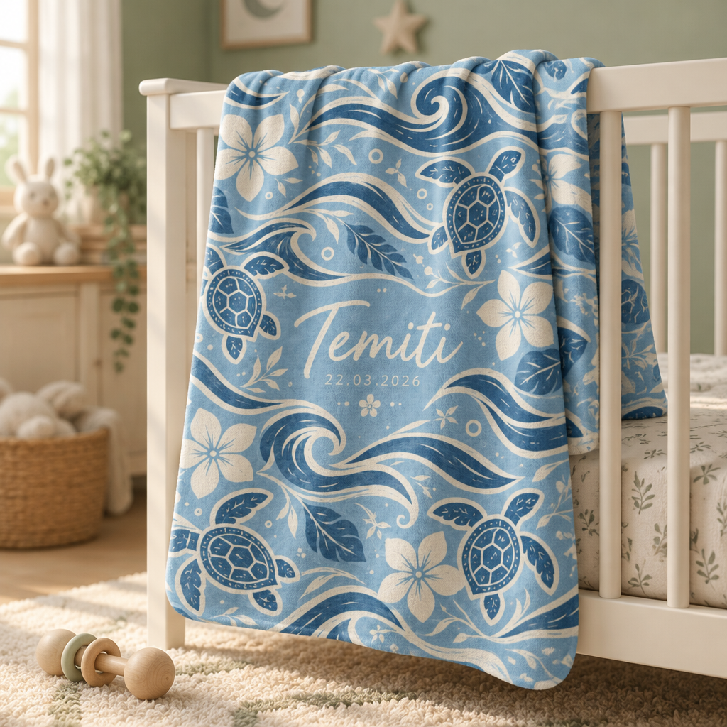 Te Miti personalized baby blanket – Blue, sea turtles, waves and plumeria design
