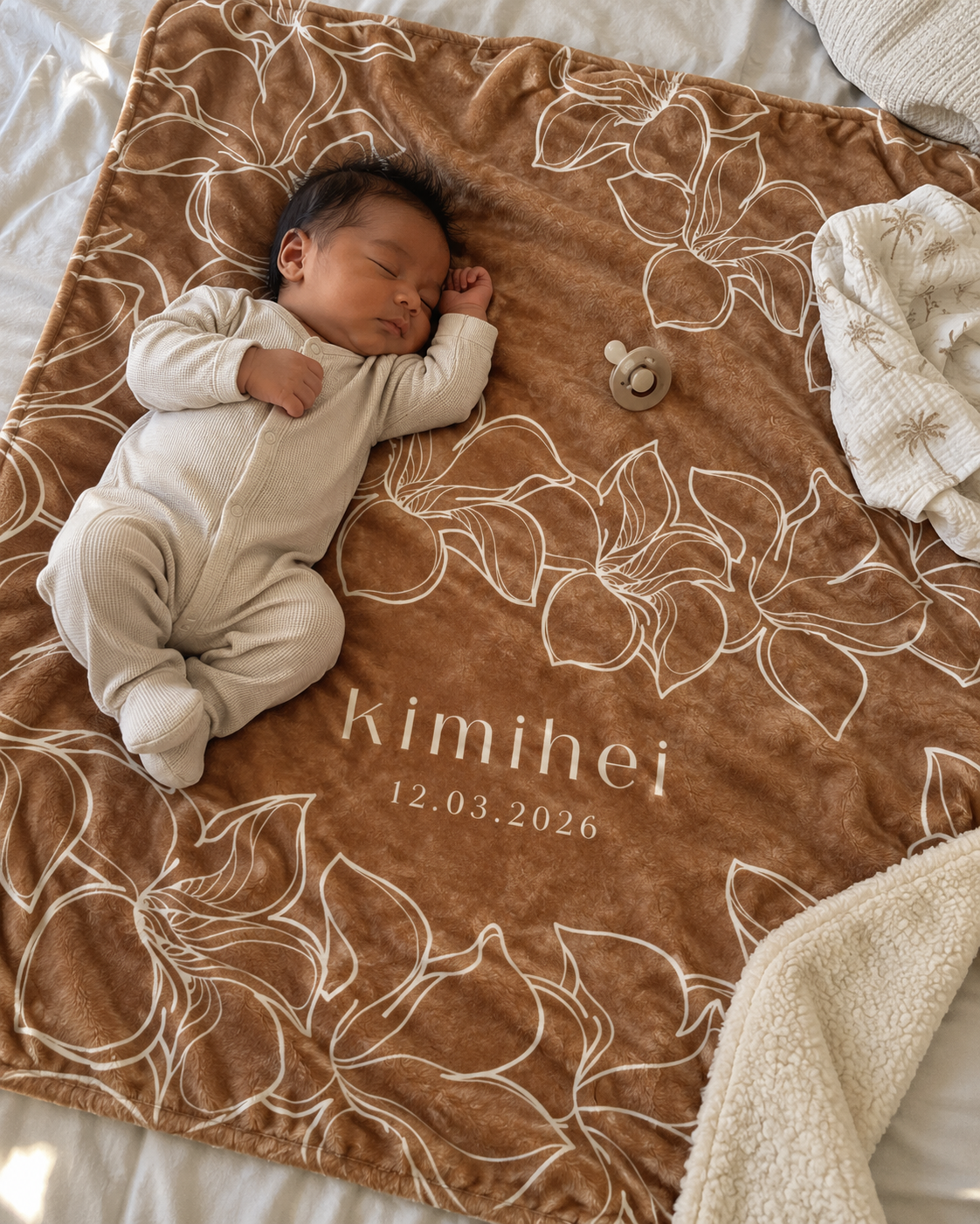Newborn baby lying on the Heitiare personalized toffee baby blanket with plumeria lei design and baby's name