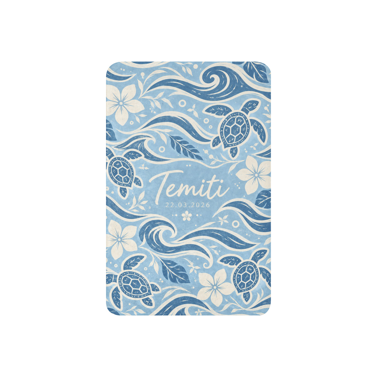 Te Miti personalized baby blanket – Blue, sea turtles, waves and plumeria design