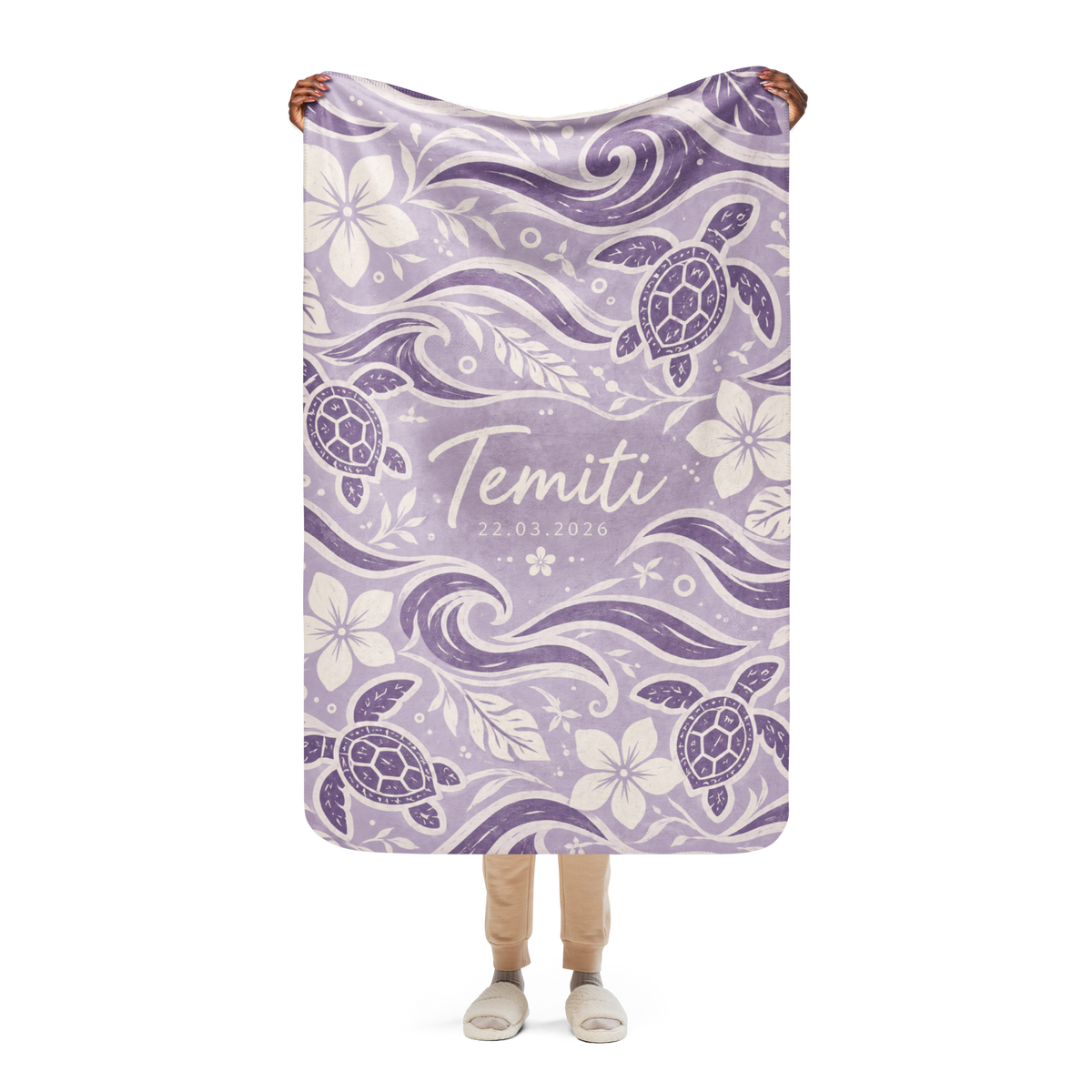 Te Miti personalized baby blanket – Lavender, sea turtles, waves and plumeria design