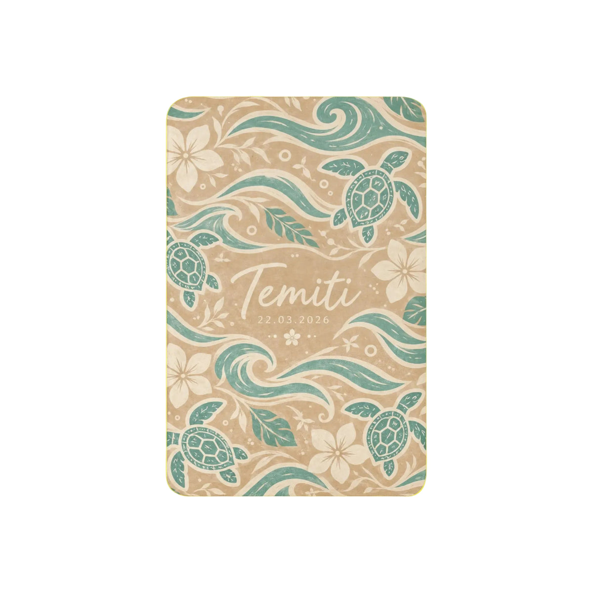 Te Miti personalized baby blanket – Sand & Sage, sea turtles, waves and plumeria design