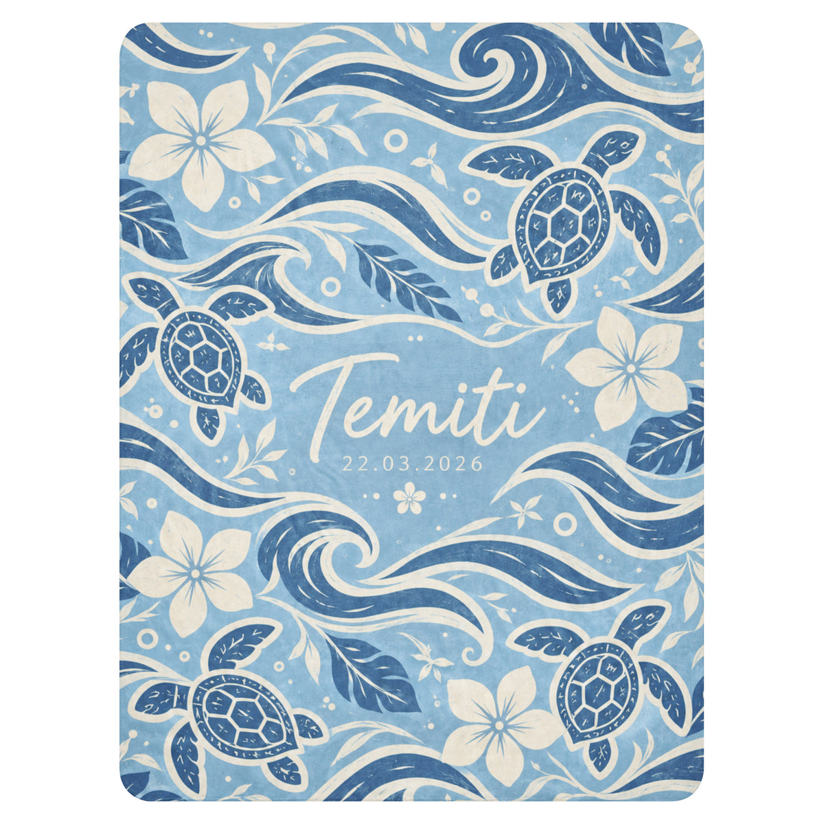 Te Miti personalized baby blanket – Blue, sea turtles, waves and plumeria design