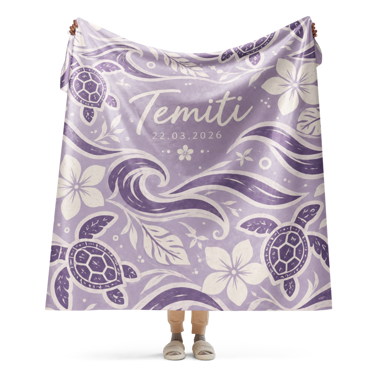 Te Miti personalized baby blanket – Lavender, sea turtles, waves and plumeria design