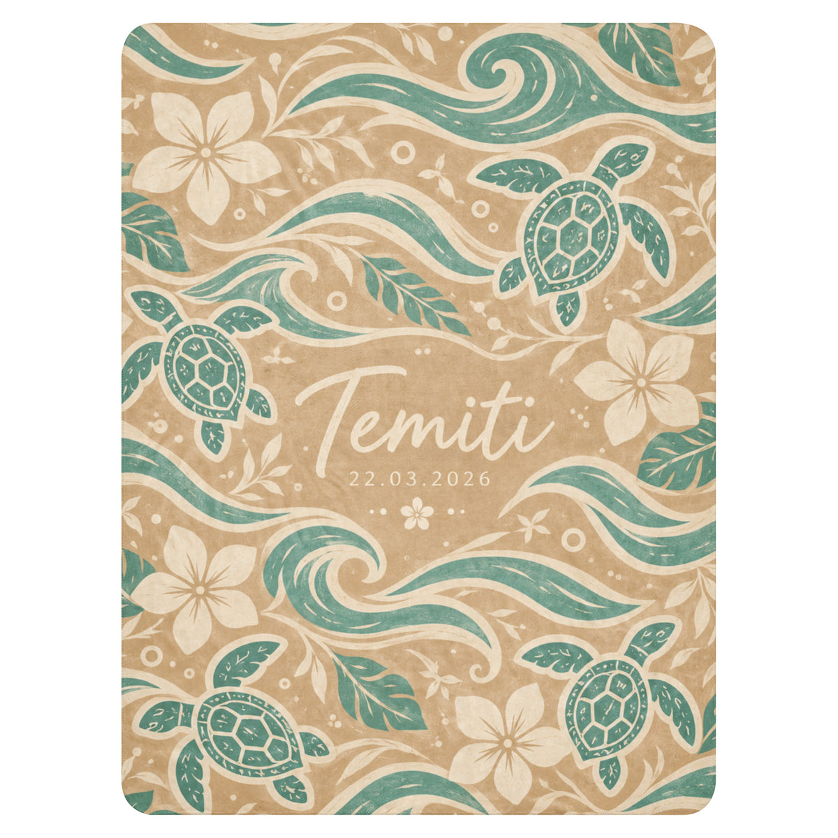 Te Miti personalized baby blanket – Sand & Sage, sea turtles, waves and plumeria design