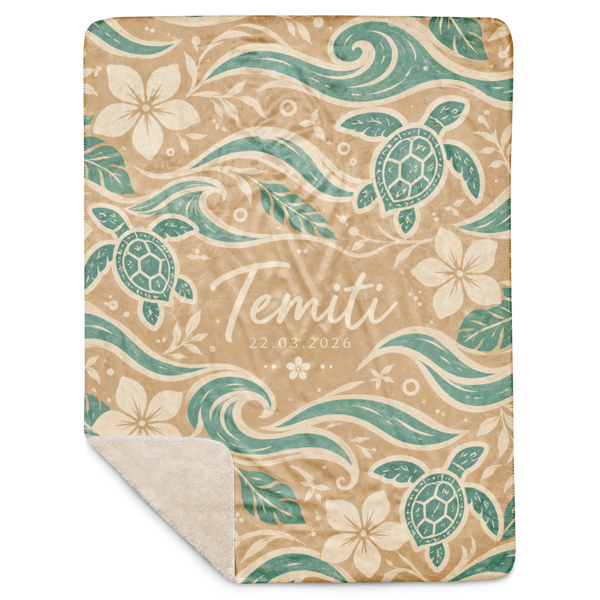 Te Miti personalized baby blanket – Sand & Sage, sea turtles, waves and plumeria design